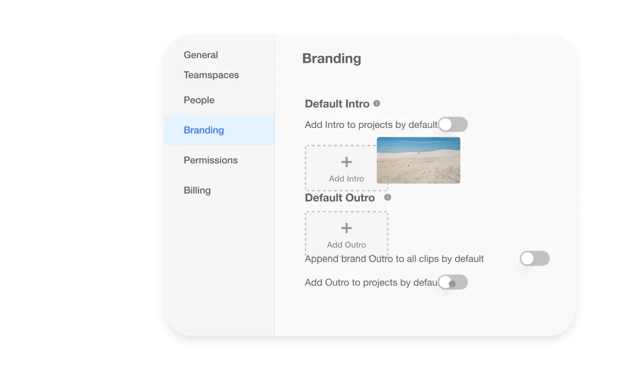 Visla branding settings interface for adding an intro and outro video automatically.